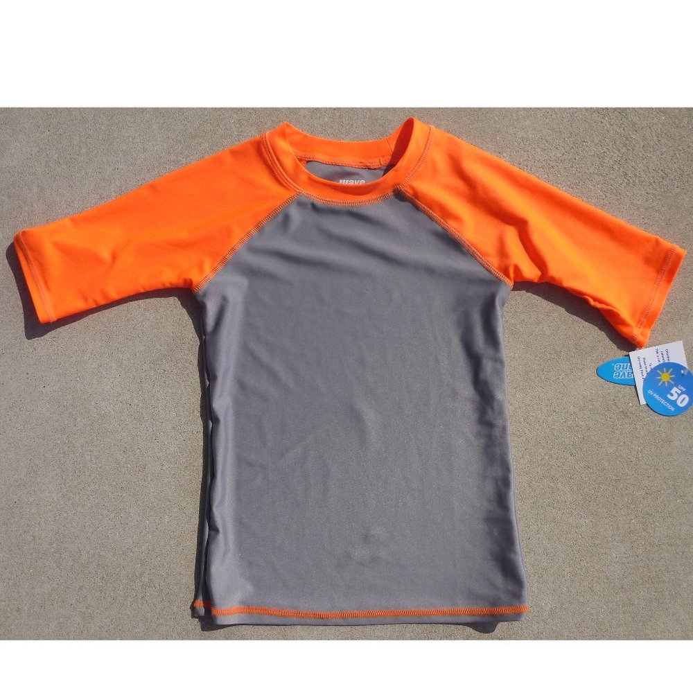Wave Zone Boys Gray & Blaze Orange Rash Guard Shirt Top Size XS 4/5  Med 8 NWT